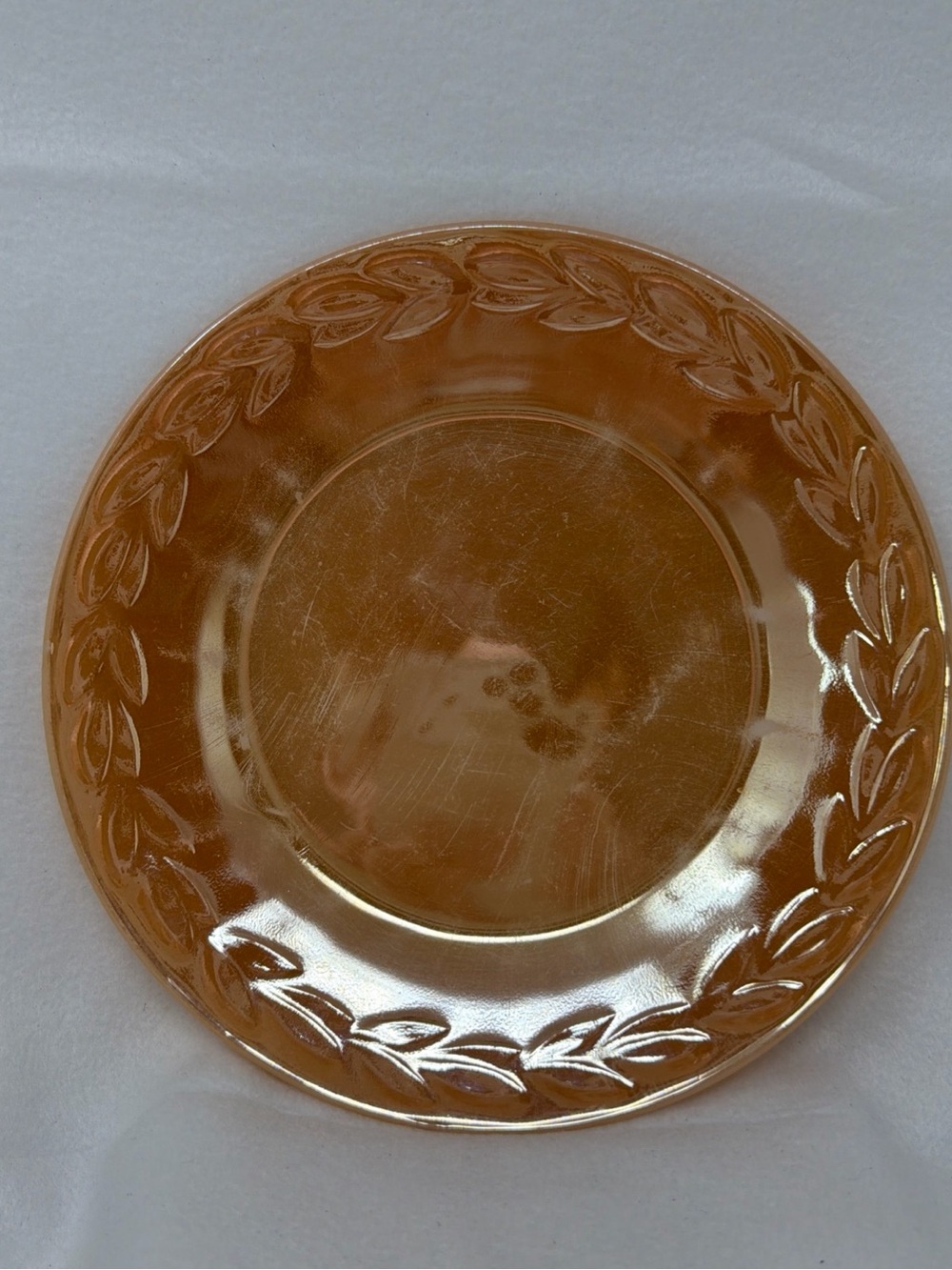 Vintage Fire King Peach Lustre Glass Plate with Leaf Motif